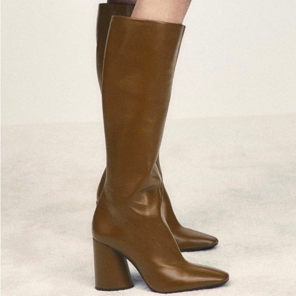 ZARA Brown Leather Knee High Boots w/ Block Heel, Size 8, NWT, Sold Out! - Picture 4 of 7